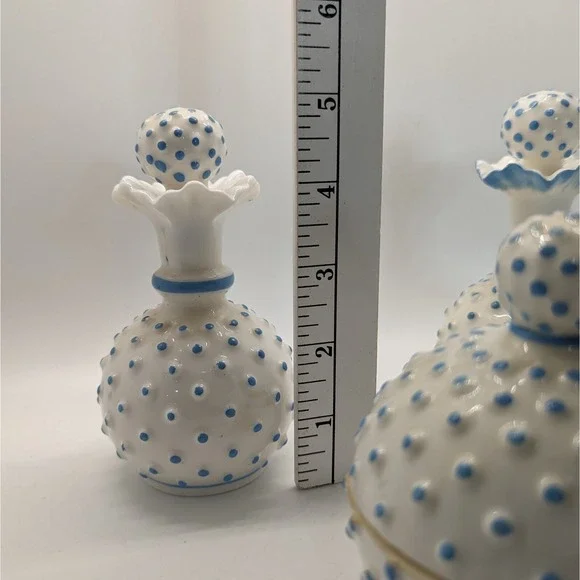 Vintage Blue & White Milk Glass Hobnail (2) Perfume + Trinket Box - Picture 4 of 12